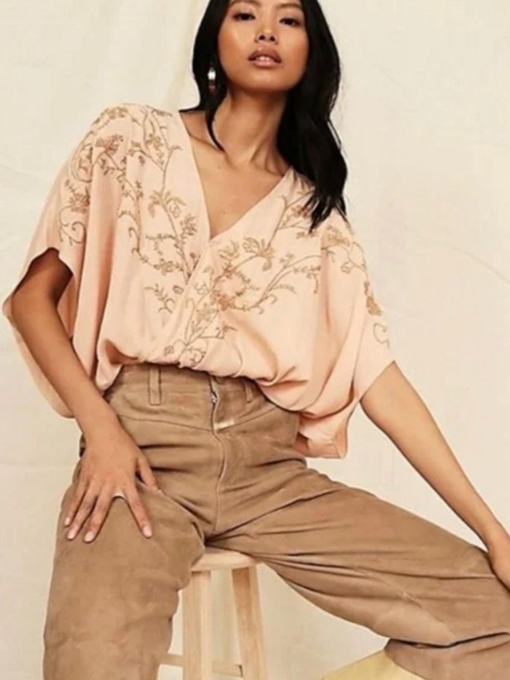 Free People Intimately Summer Lover Embroidered Surplice Bodysuit Peach Large